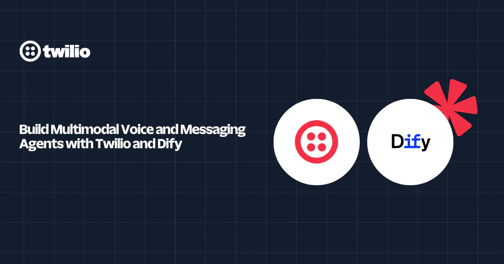 Twilio and Dify logos on a grid background with text about building voice and messaging agents.